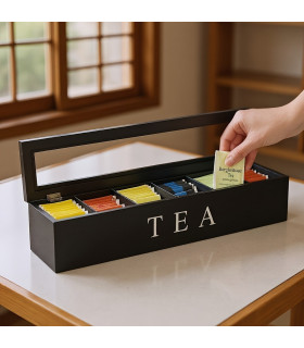 Черна дървена кутия за чай с капак и 6 отделения | Tea Box