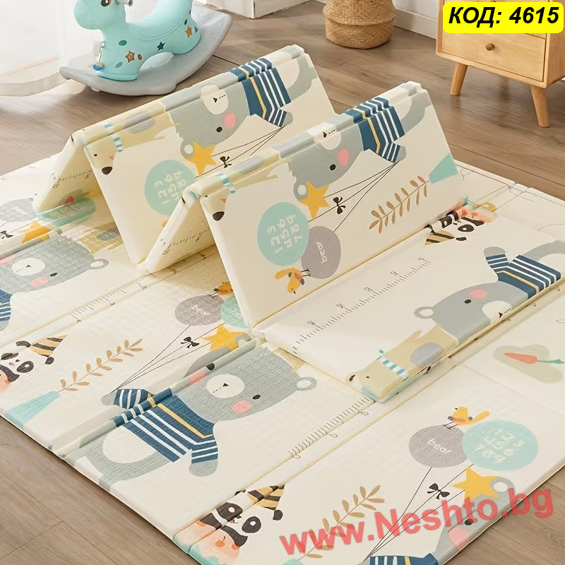 Двулицево меко килимче за игра XPE Мече с балони + Панди, 200x180x1 см