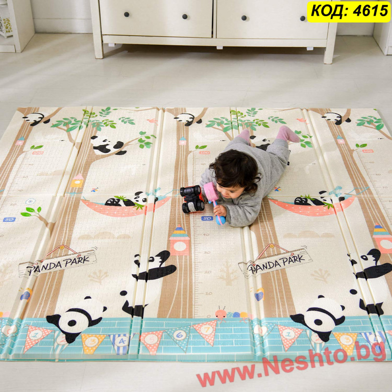 Двулицево меко килимче за игра XPE Мече с балони + Панди, 200x180x1 см