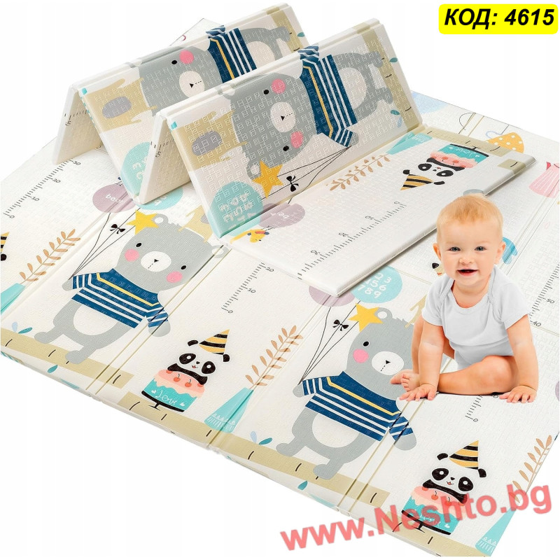 Двулицево меко килимче за игра XPE Мече с балони + Панди, 200x180x1 см