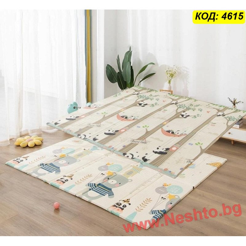 Двулицево меко килимче за игра XPE Мече с балони + Панди, 200x180x1 см