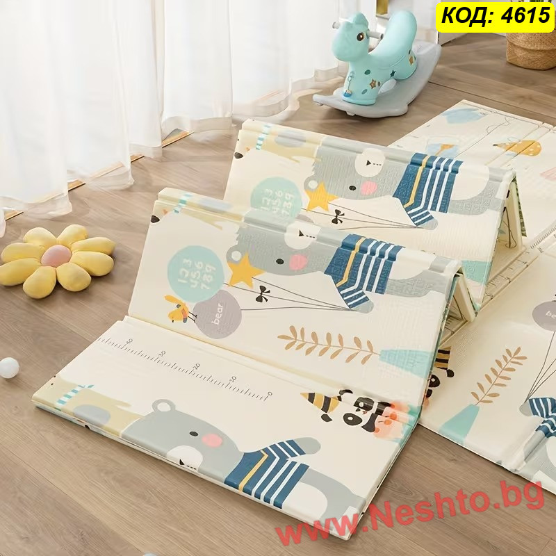 Двулицево меко килимче за игра XPE Мече с балони + Панди, 200x180x1 см