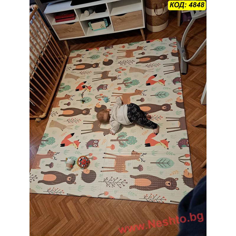 Сгъваемо меко килимче за игра за бебе 150x180x1 см, двулицево - с Горски Животни