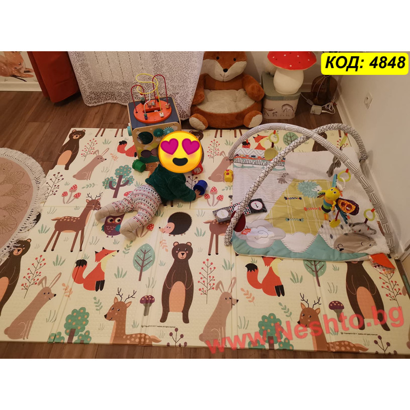 Сгъваемо меко килимче за игра за бебе 150x180x1 см, двулицево - с Горски Животни