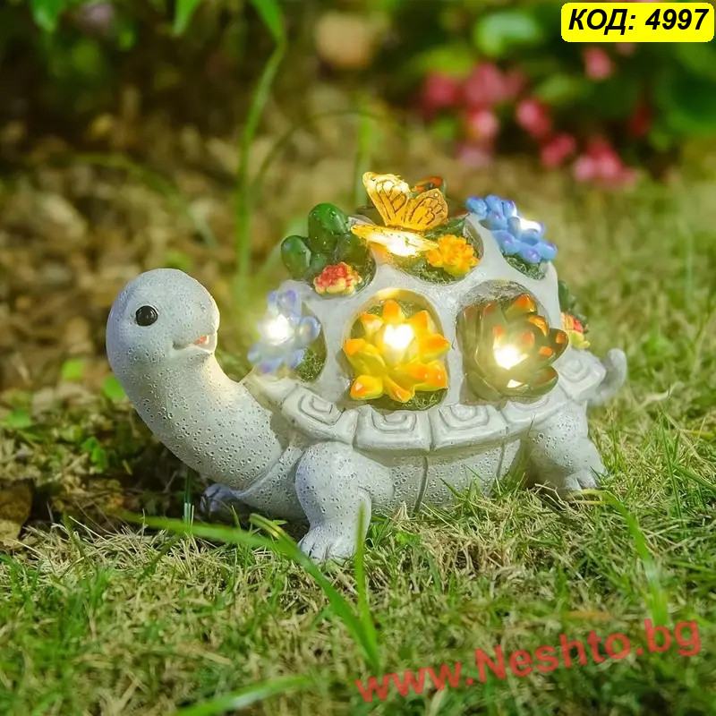 Соларна градинска лампа „Костенурка със сукуленти“ с LED осветление