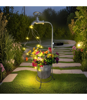 Соларна градинска лампа Чешма с LED нишки и метална кофа-саксия