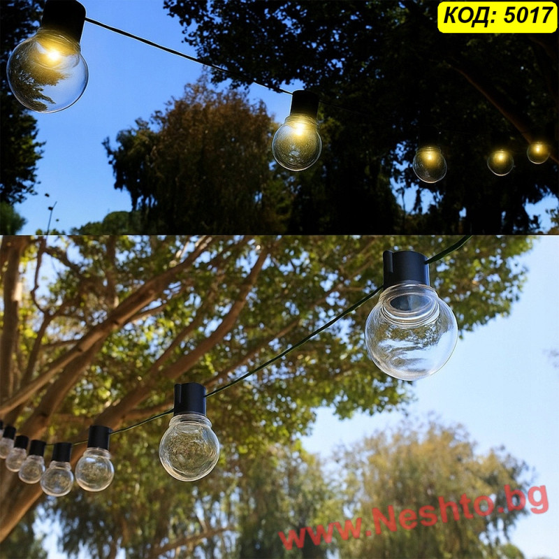 Светещ гирлянд с крушки за открито на 220V – 10 метра, 40 LED крушки