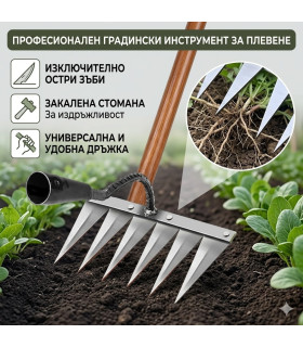 Градински инструмент за плевели и разрохкване на почвата с 8 зъба