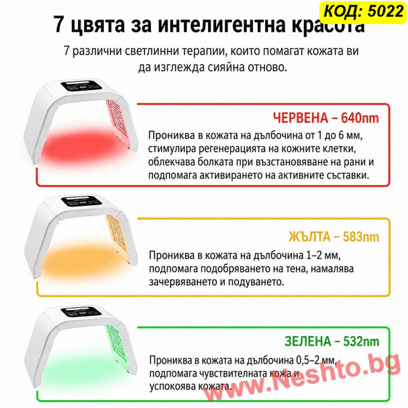 LED лампа за фотонна терапия на лице – 7 цветни режима