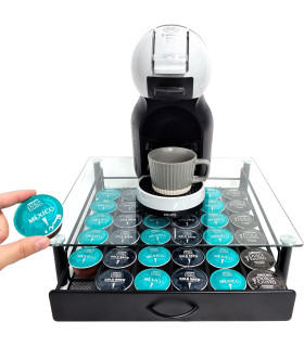 Поставка за кафемашина със стъклен плот и чекмедже за 36 капсули Dolce Gusto, черна